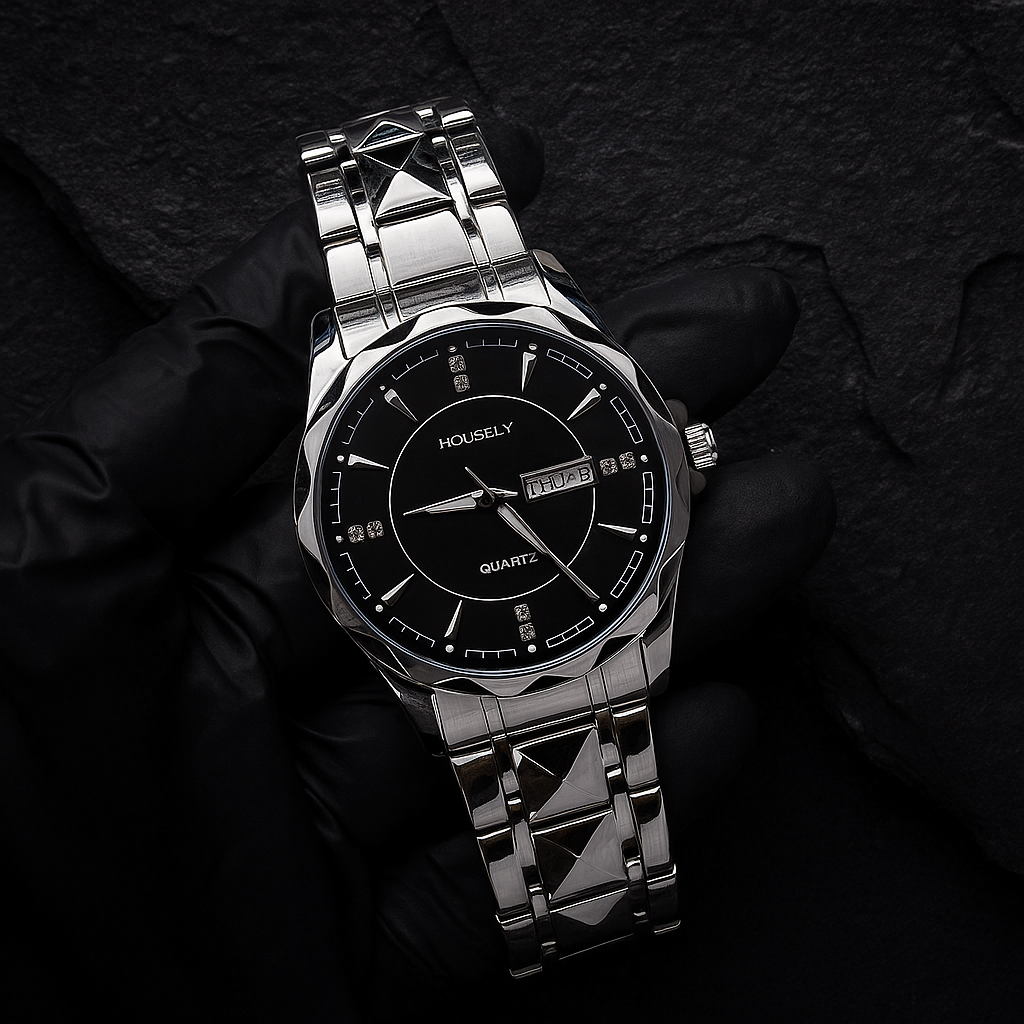 Hourly Luxury Silver Watch – Black Dial with Date Display